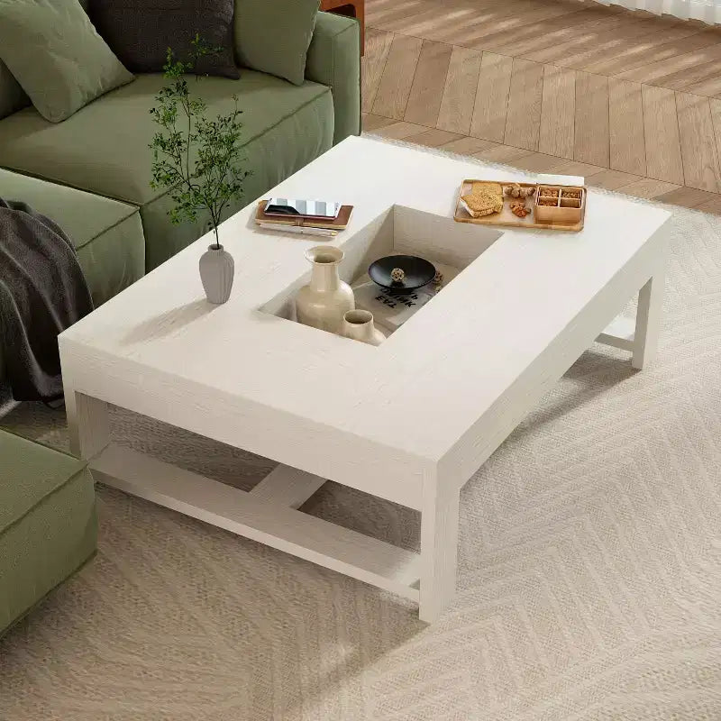 Famapy Warm Coffee Table White Wood Grain Center Table Sofa Side Table 176LBS Load-Bearing Built-In Storage Organizer Rectangle/Square Coffee Table