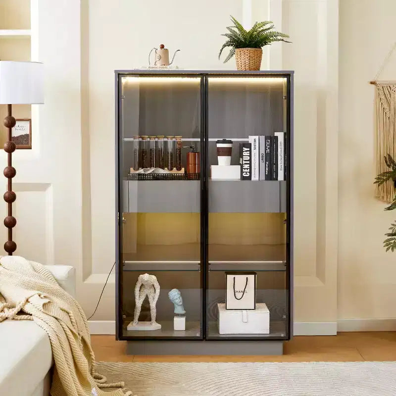60.6" Tall Display Cabinet with LED Lights, Glass Shelves & 2 Drawers
