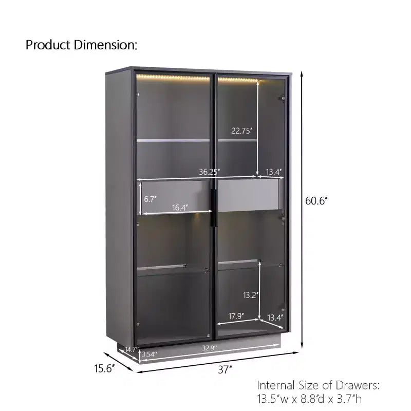 60.6" Tall Display Cabinet with LED Lights, Glass Shelves & 2 Drawers