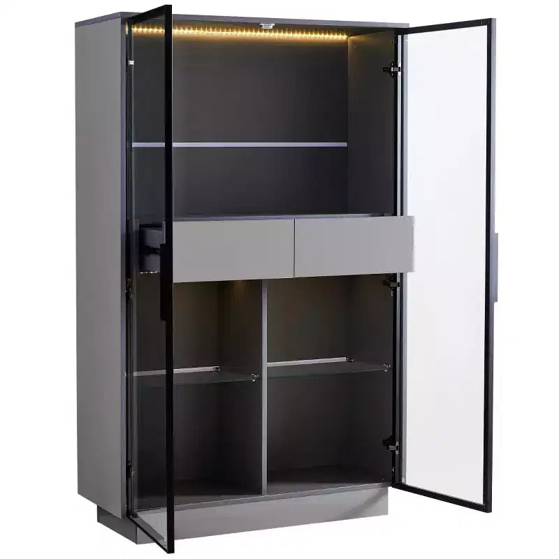 60.6" Tall Display Cabinet with LED Lights, Glass Shelves & 2 Drawers