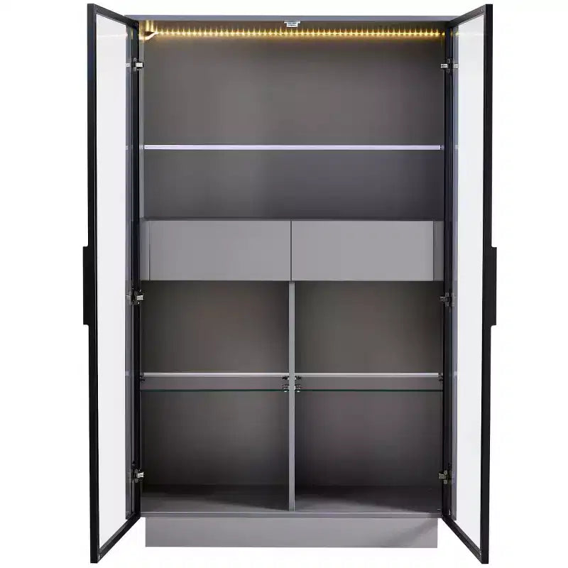60.6" Tall Display Cabinet with LED Lights, Glass Shelves & 2 Drawers