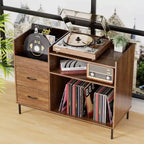 Medieval Modern Style Record Rack with Drawers Combined storage functionality, holds over 500 albums Sturdy wood and metal audio cabinet