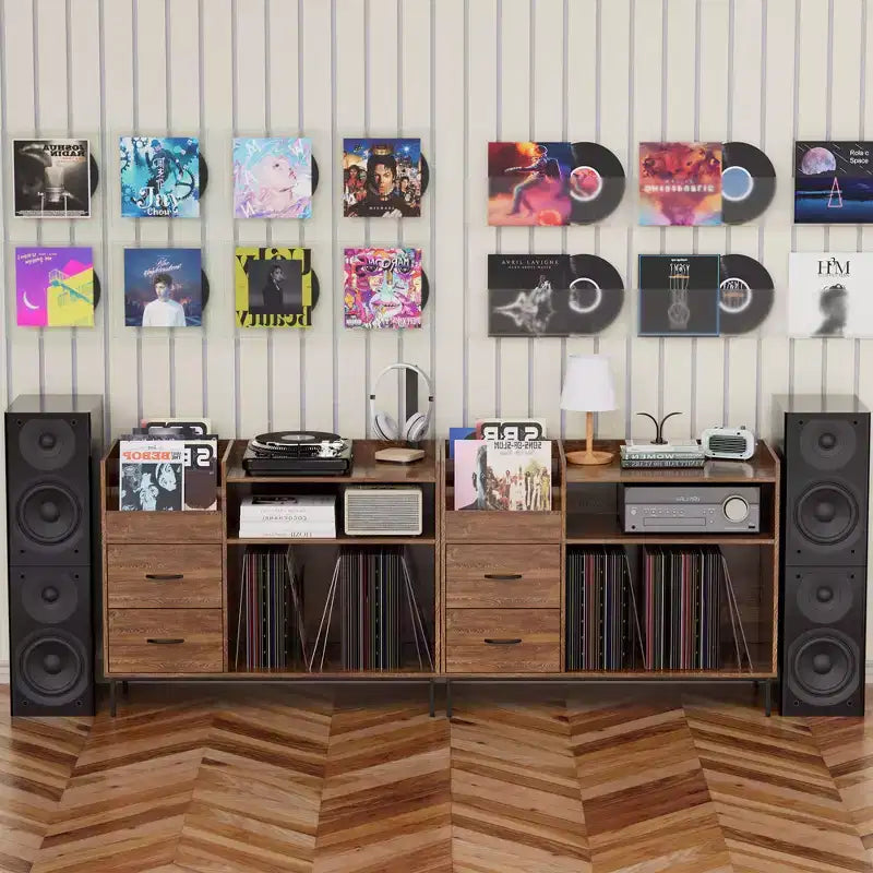 Medieval Modern Style Record Rack with Drawers Combined storage functionality, holds over 500 albums Sturdy wood and metal audio cabinet