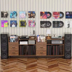 Medieval Modern Style Record Rack with Drawers Combined storage functionality, holds over 500 albums Sturdy wood and metal audio cabinet