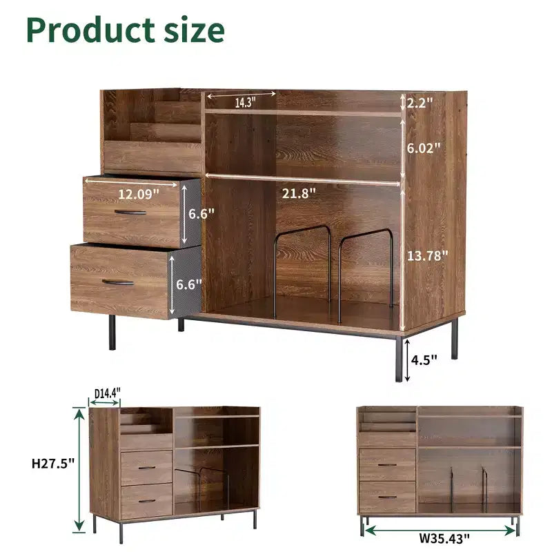 Medieval Modern Style Record Rack with Drawers Combined storage functionality, holds over 500 albums Sturdy wood and metal audio cabinet