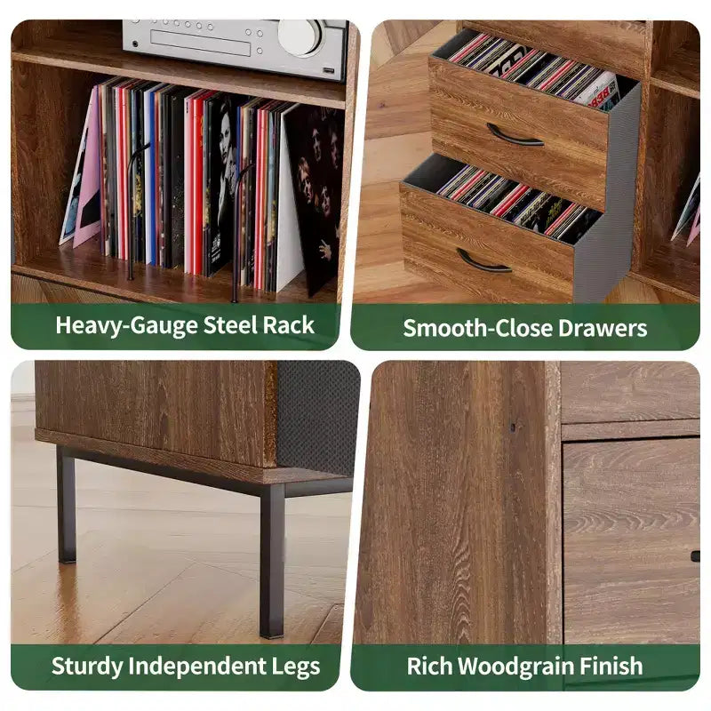 Medieval Modern Style Record Rack with Drawers Combined storage functionality, holds over 500 albums Sturdy wood and metal audio cabinet