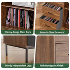 Medieval Modern Style Record Rack with Drawers Combined storage functionality, holds over 500 albums Sturdy wood and metal audio cabinet