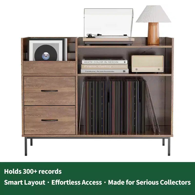Medieval Modern Style Record Rack with Drawers Combined storage functionality, holds over 500 albums Sturdy wood and metal audio cabinet