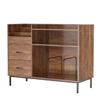 Medieval Modern Style Record Rack with Drawers Combined storage functionality, holds over 500 albums Sturdy wood and metal audio cabinet