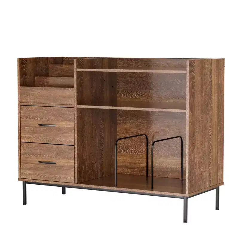 Medieval Modern Style Record Rack with Drawers Combined storage functionality, holds over 500 albums Sturdy wood and metal audio cabinet