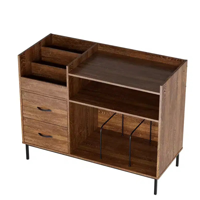Medieval Modern Style Record Rack with Drawers Combined storage functionality, holds over 500 albums Sturdy wood and metal audio cabinet