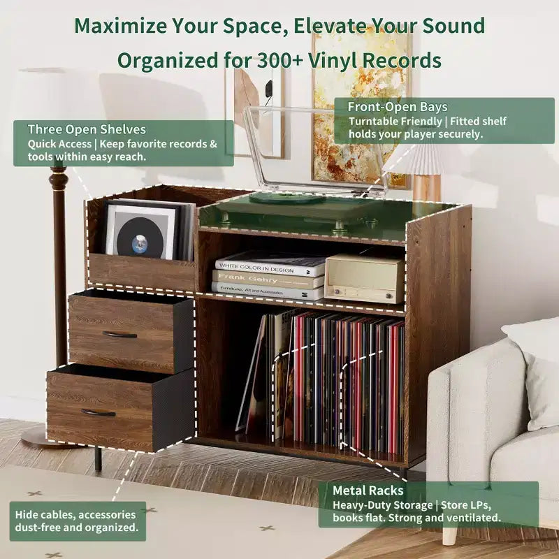 Medieval Modern Style Record Rack with Drawers Combined storage functionality, holds over 500 albums Sturdy wood and metal audio cabinet