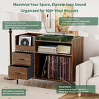 Medieval Modern Style Record Rack with Drawers Combined storage functionality, holds over 500 albums Sturdy wood and metal audio cabinet