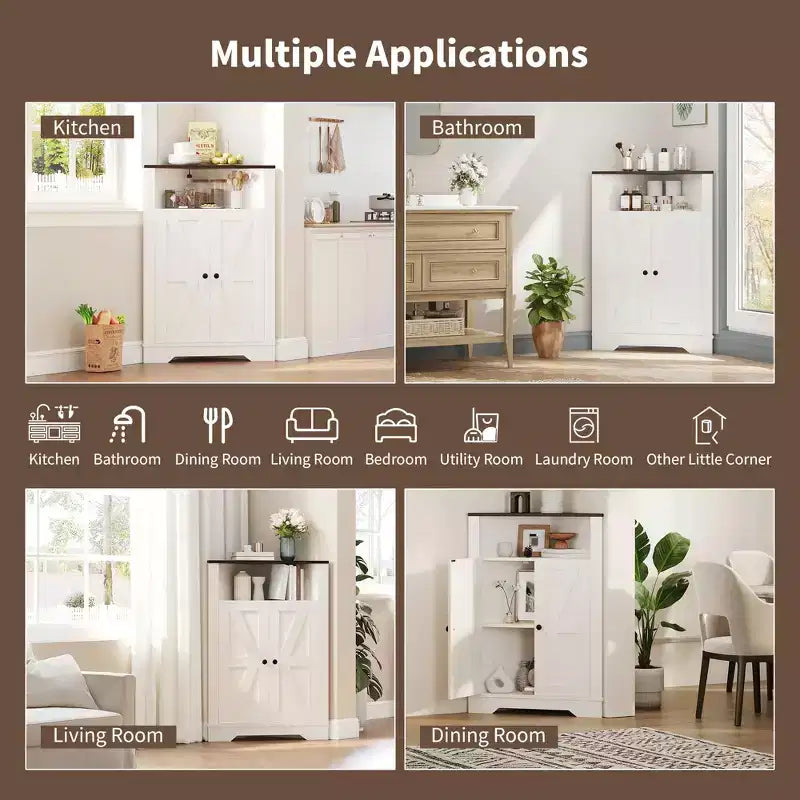 68" Tall Farmhouse Corner Cabinet – 4 Doors, 5 Shelves, Barn Door Style