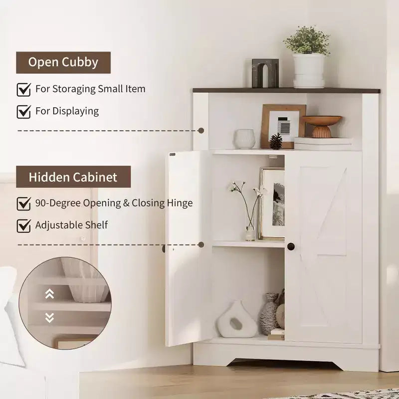 68" Tall Farmhouse Corner Cabinet – 4 Doors, 5 Shelves, Barn Door Style