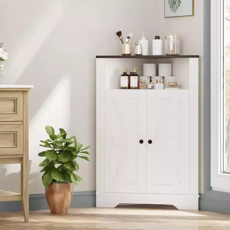 68" Tall Farmhouse Corner Cabinet – 4 Doors, 5 Shelves, Barn Door Style