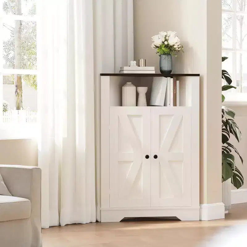 68" Tall Farmhouse Corner Cabinet – 4 Doors, 5 Shelves, Barn Door Style