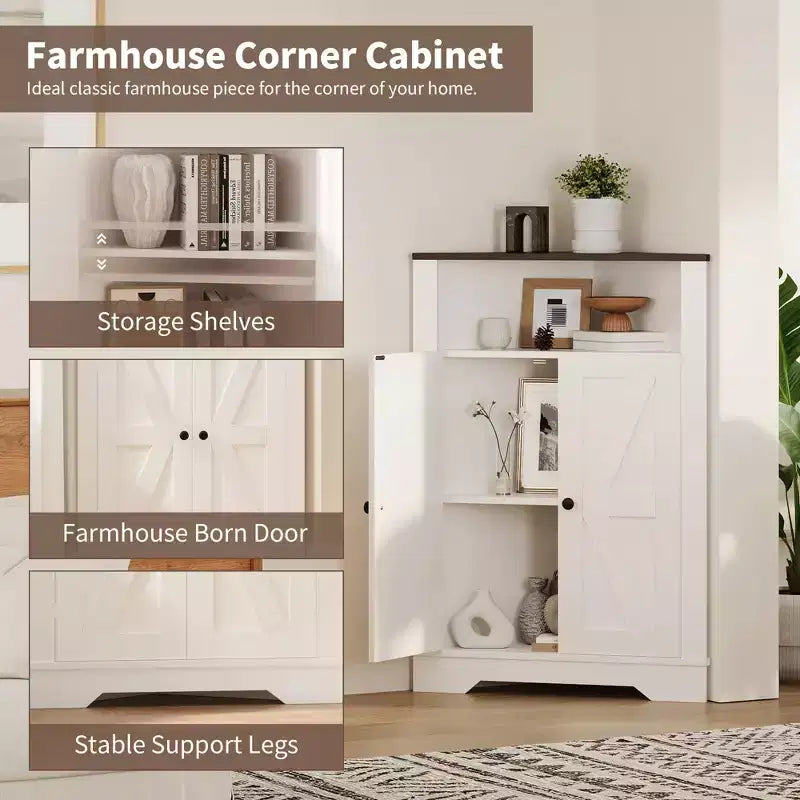 68" Tall Farmhouse Corner Cabinet – 4 Doors, 5 Shelves, Barn Door Style