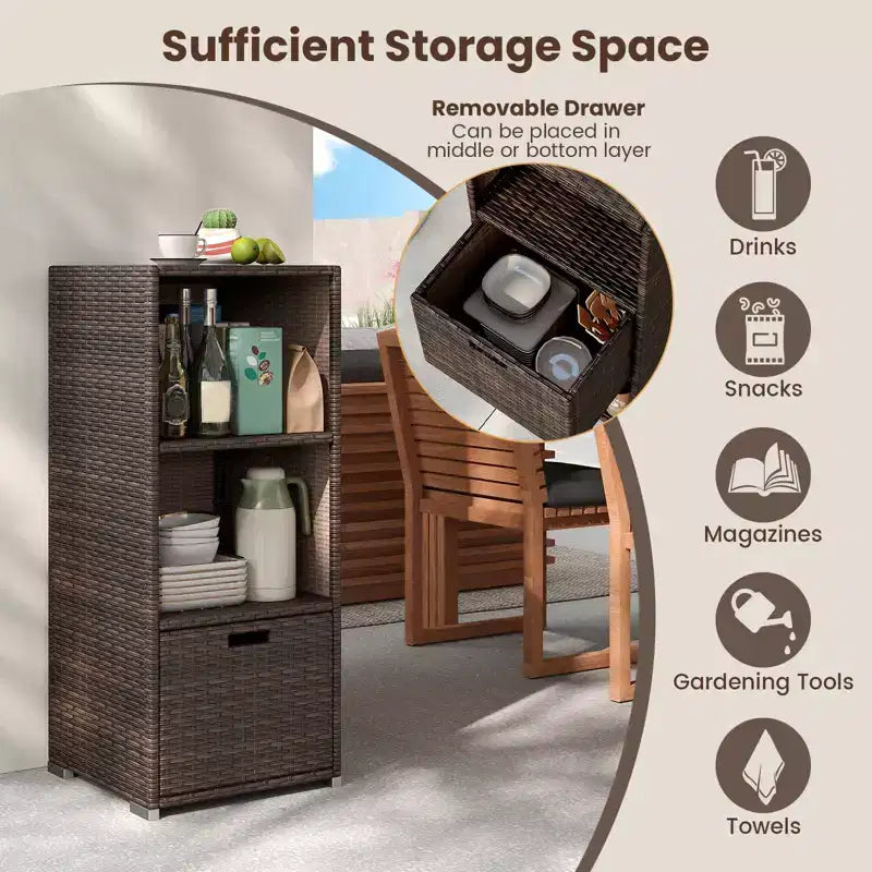 Outdoor Storage Cabinet with Storage Shelves & Removable Drawer for Porch Mix Brown/Black/Gray