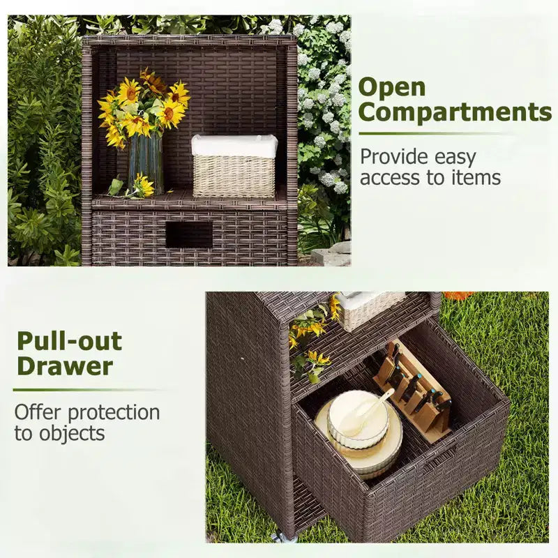 Outdoor Storage Cabinet with Storage Shelves & Removable Drawer for Porch Mix Brown/Black/Gray