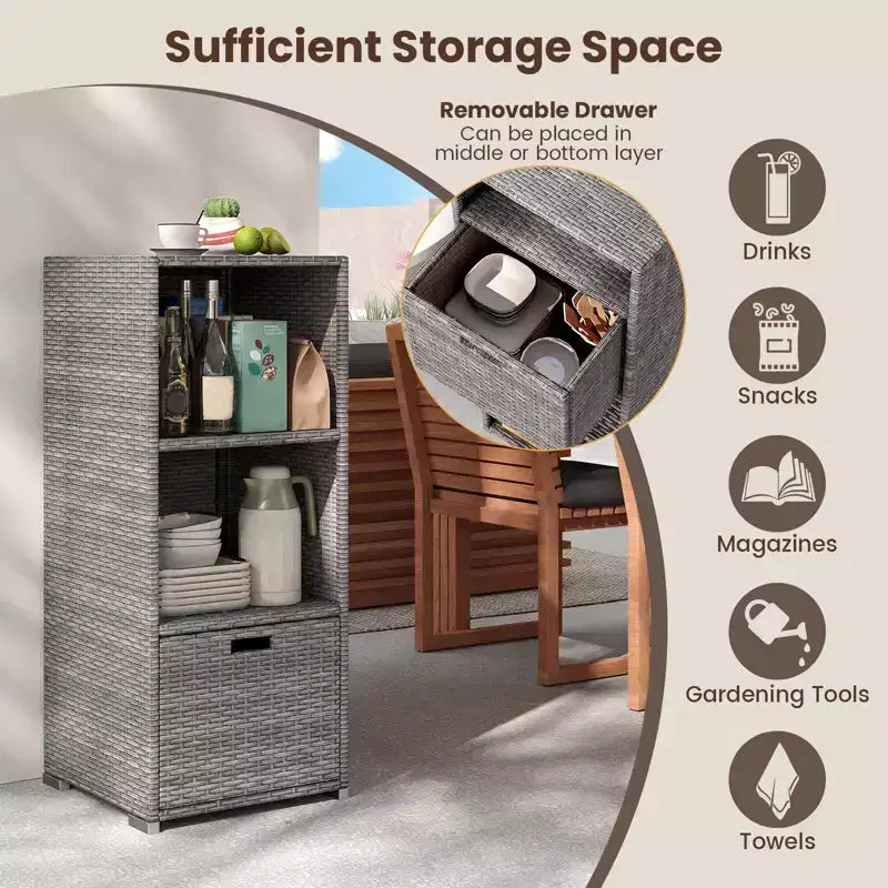 Outdoor Storage Cabinet with Storage Shelves & Removable Drawer for Porch Mix Brown/Black/Gray