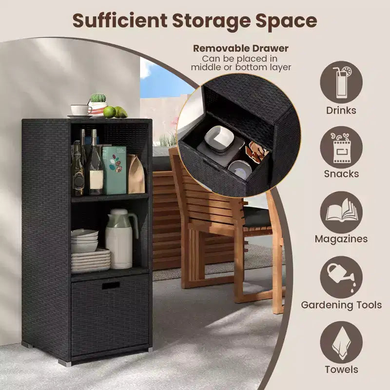 Outdoor Storage Cabinet with Storage Shelves & Removable Drawer for Porch Mix Brown/Black/Gray