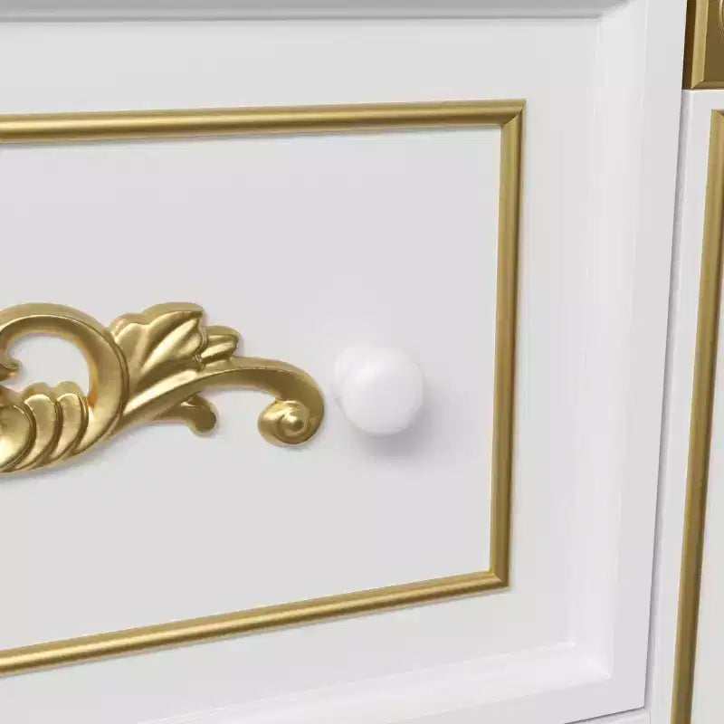 White Decorative Display Cabinet with LED Spotlights & Gold Carvings – 3 Shelves, 2 Drawers
