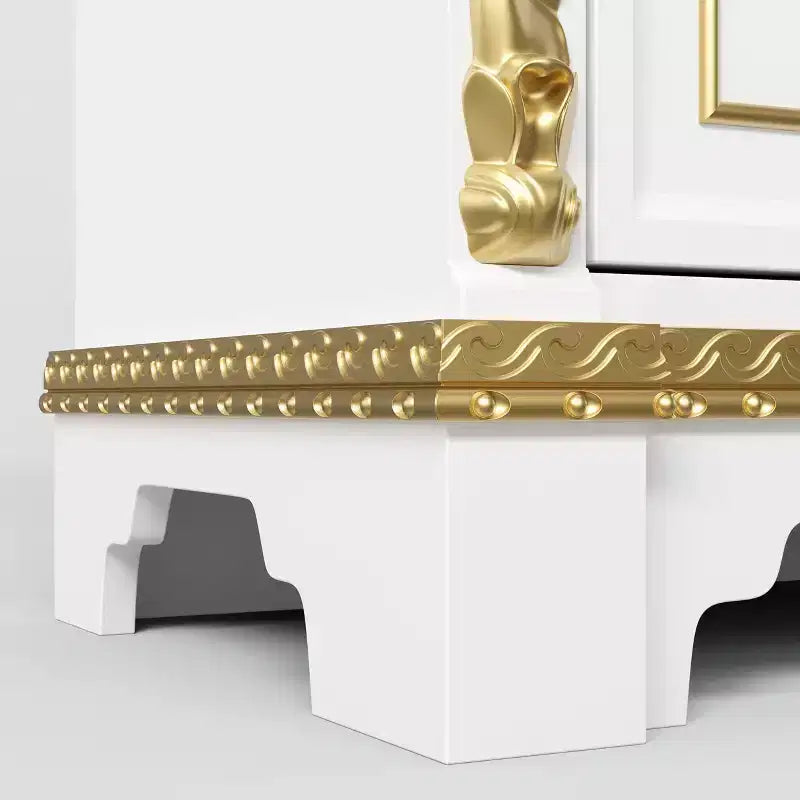 White Decorative Display Cabinet with LED Spotlights & Gold Carvings – 3 Shelves, 2 Drawers