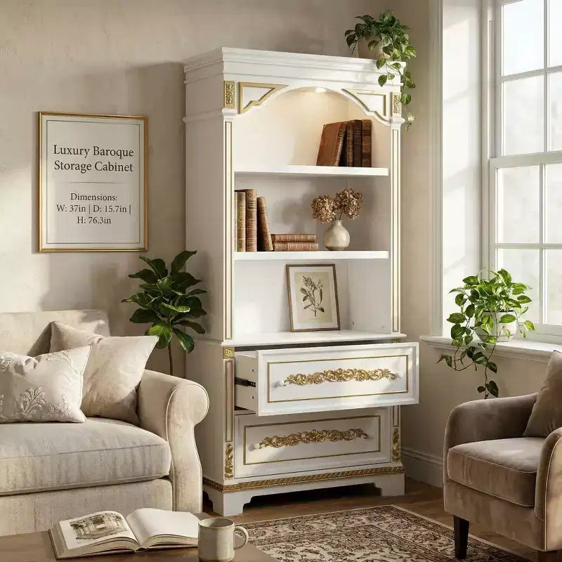 White Decorative Display Cabinet with LED Spotlights & Gold Carvings – 3 Shelves, 2 Drawers