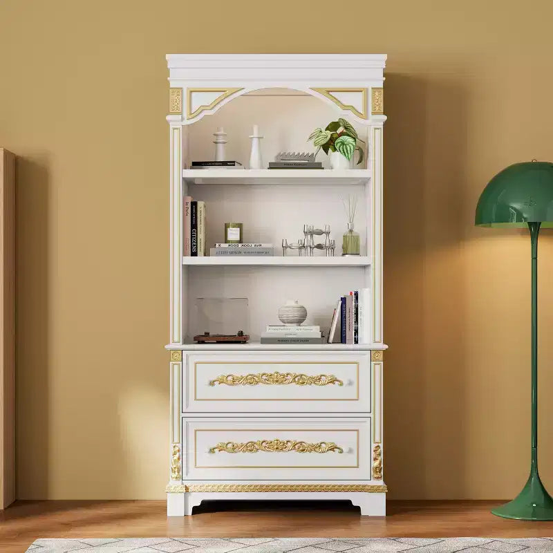 White Decorative Display Cabinet with LED Spotlights & Gold Carvings – 3 Shelves, 2 Drawers
