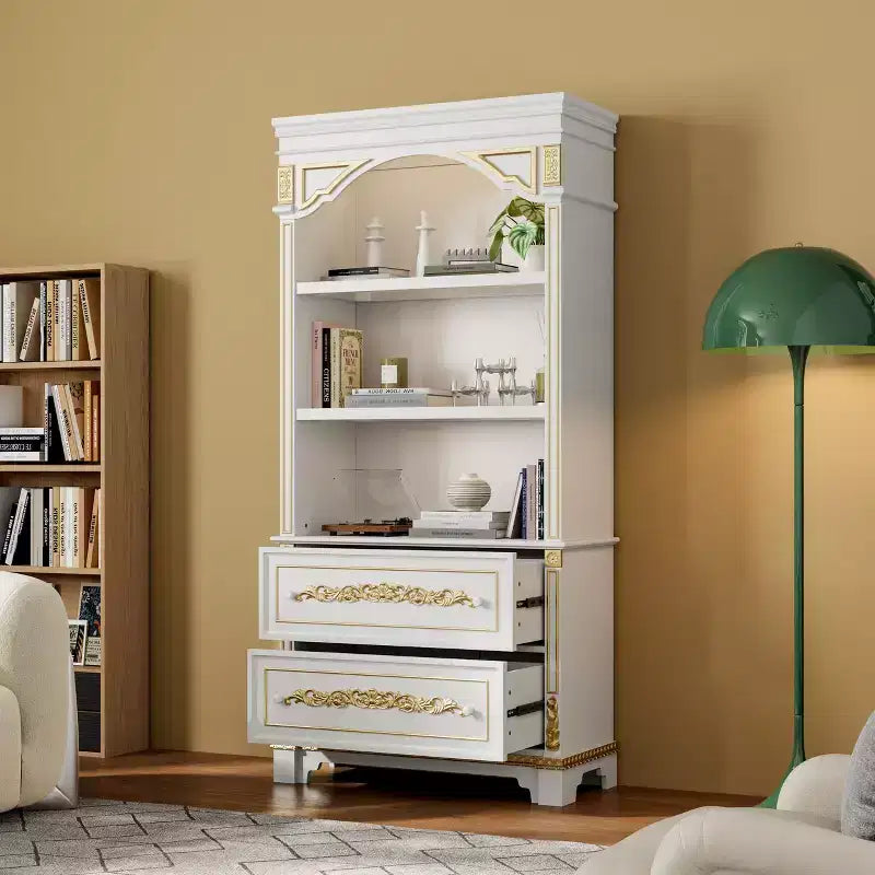 White Decorative Display Cabinet with LED Spotlights & Gold Carvings – 3 Shelves, 2 Drawers