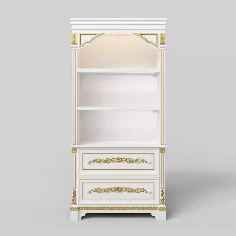 White Decorative Display Cabinet with LED Spotlights & Gold Carvings – 3 Shelves, 2 Drawers