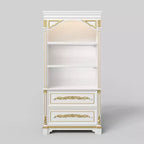 White Decorative Display Cabinet with LED Spotlights & Gold Carvings – 3 Shelves, 2 Drawers