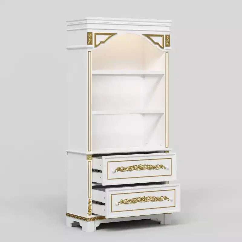 White Decorative Display Cabinet with LED Spotlights & Gold Carvings – 3 Shelves, 2 Drawers