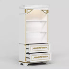 White Decorative Display Cabinet with LED Spotlights & Gold Carvings – 3 Shelves, 2 Drawers