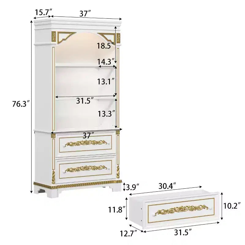 White Decorative Display Cabinet with LED Spotlights & Gold Carvings – 3 Shelves, 2 Drawers