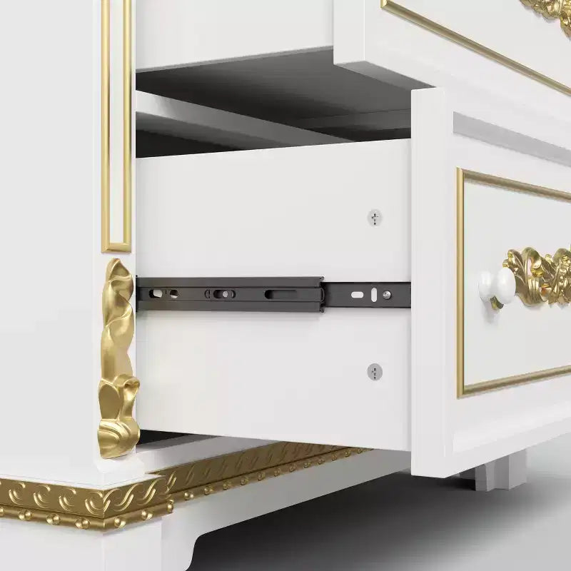 White Decorative Display Cabinet with LED Spotlights & Gold Carvings – 3 Shelves, 2 Drawers