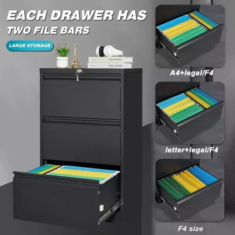 3-Drawer Lateral Metal File Cabinet with Lock – Heavy-Duty Carbon Steel, Office Storage