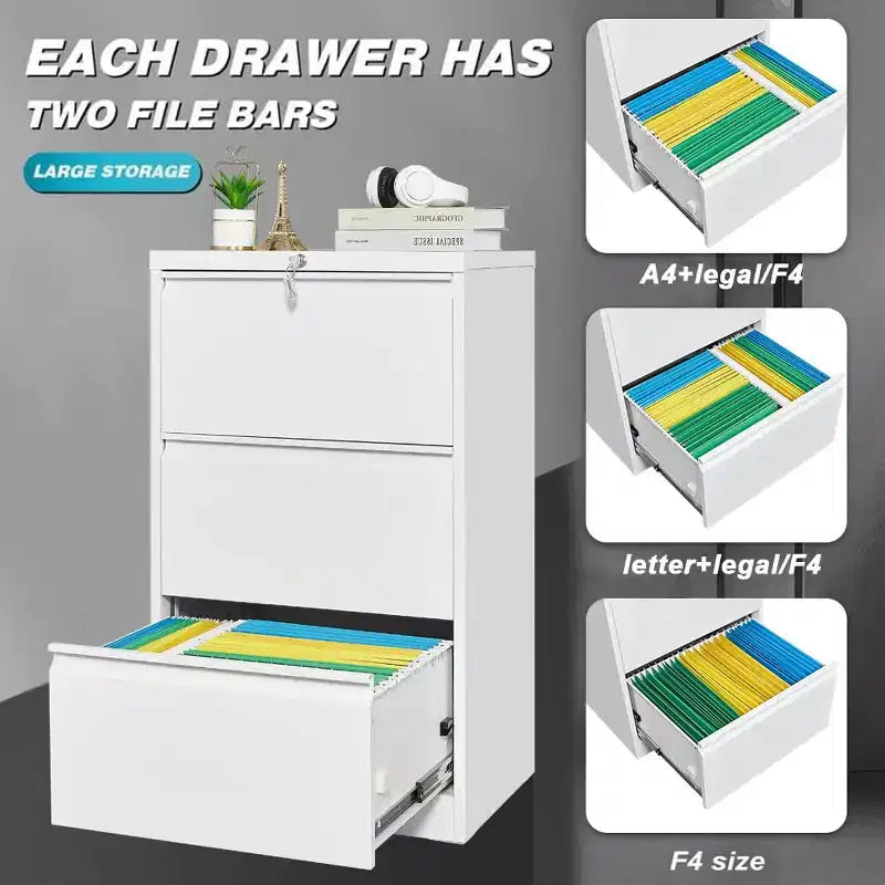 3-Drawer Lateral Metal File Cabinet with Lock – Heavy-Duty Carbon Steel, Office Storage