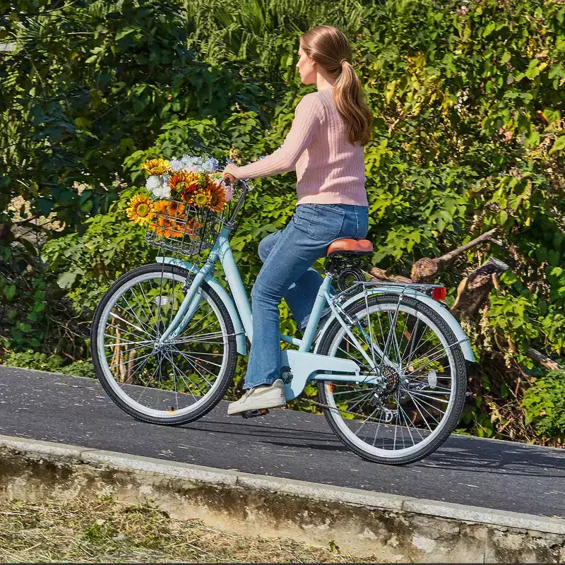 VEVOR Cruiser Bike, 7 velocità, Bici Cruiser da Spiaggia 26 Pollici Azzurro con Cestino Grande Capacità e Portapacchi Posteriore, Bici Cruiser Sicura e Robusta, Azzurro