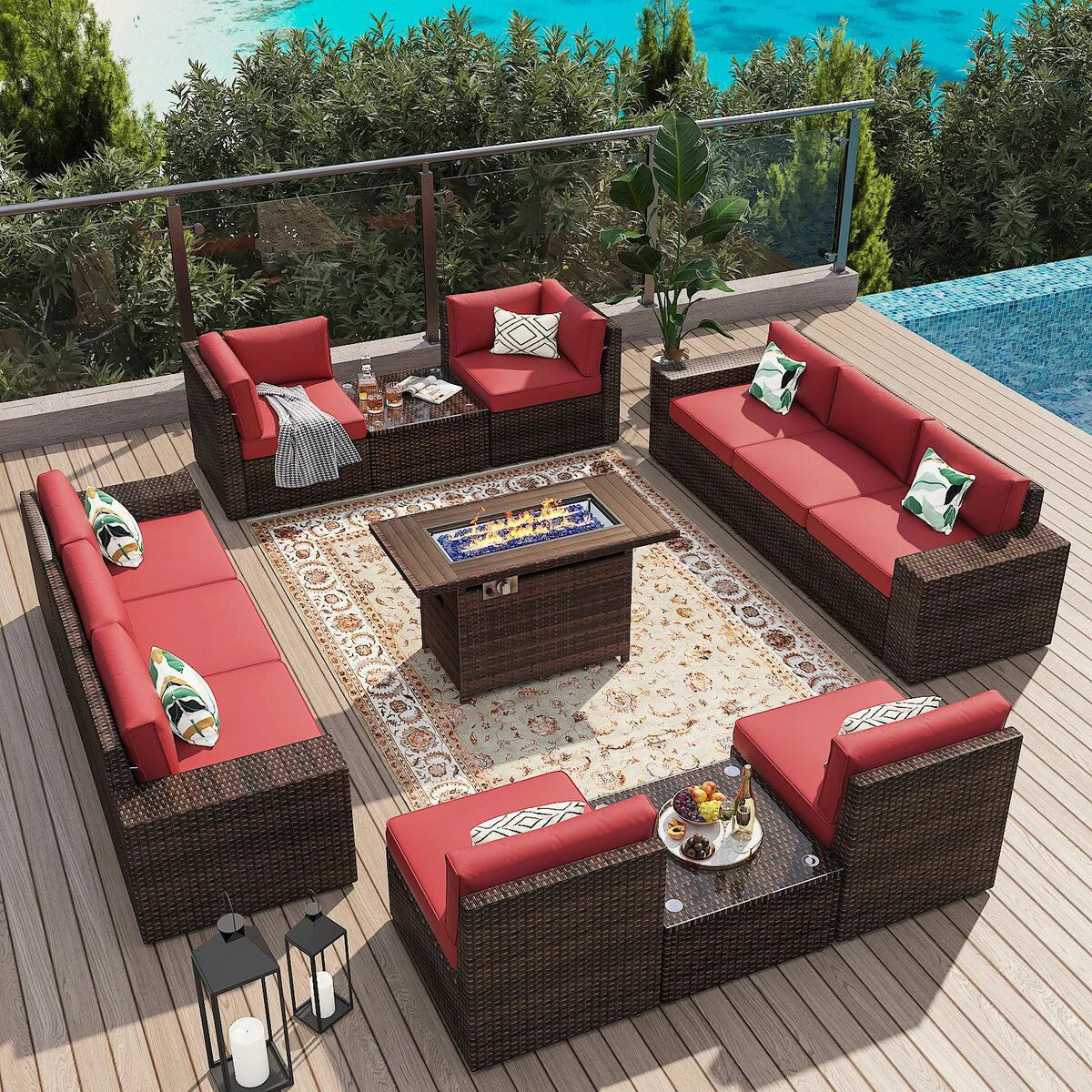 Set di mobili da giardino da 13 pezzi con tavolo braciere da 44 pollici