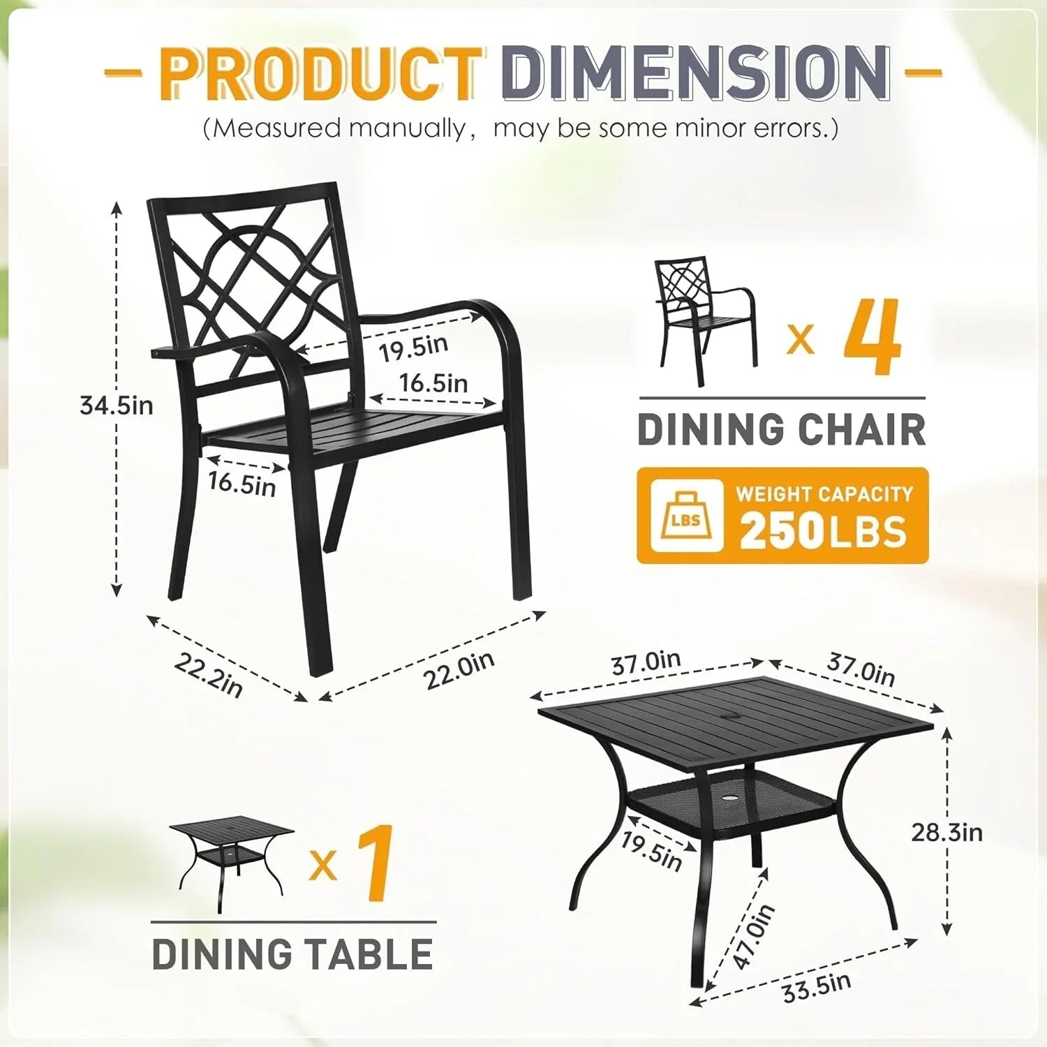 Set da pranzo SUNCROWN per esterni da 5/7 pezzi in acciaio, tavolo con doghe in metallo e sedie impilabili con telaio verniciato a polvere