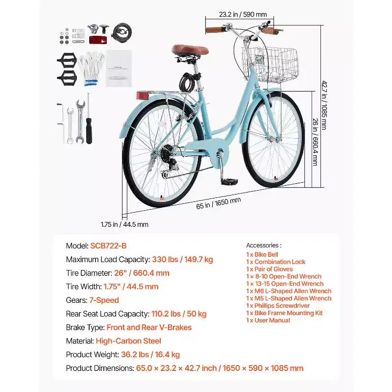 VEVOR Cruiser Bike, 7 velocità, Bici Cruiser da Spiaggia 26 Pollici Azzurro con Cestino Grande Capacità e Portapacchi Posteriore, Bici Cruiser Sicura e Robusta, Azzurro