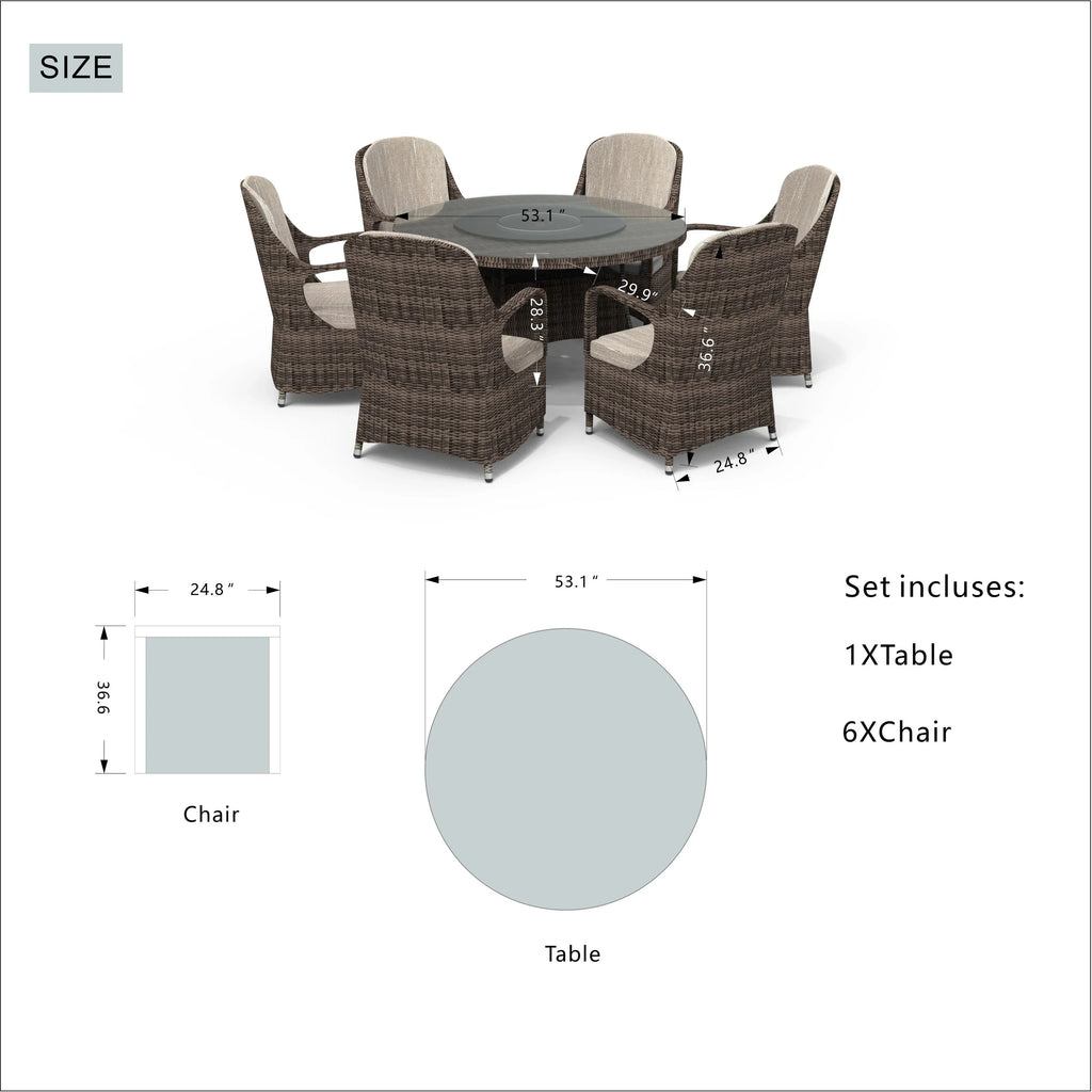 Set da pranzo rotondo da esterno in 7 pezzi in vimini di rattan con cuscini di Moda Furnishings