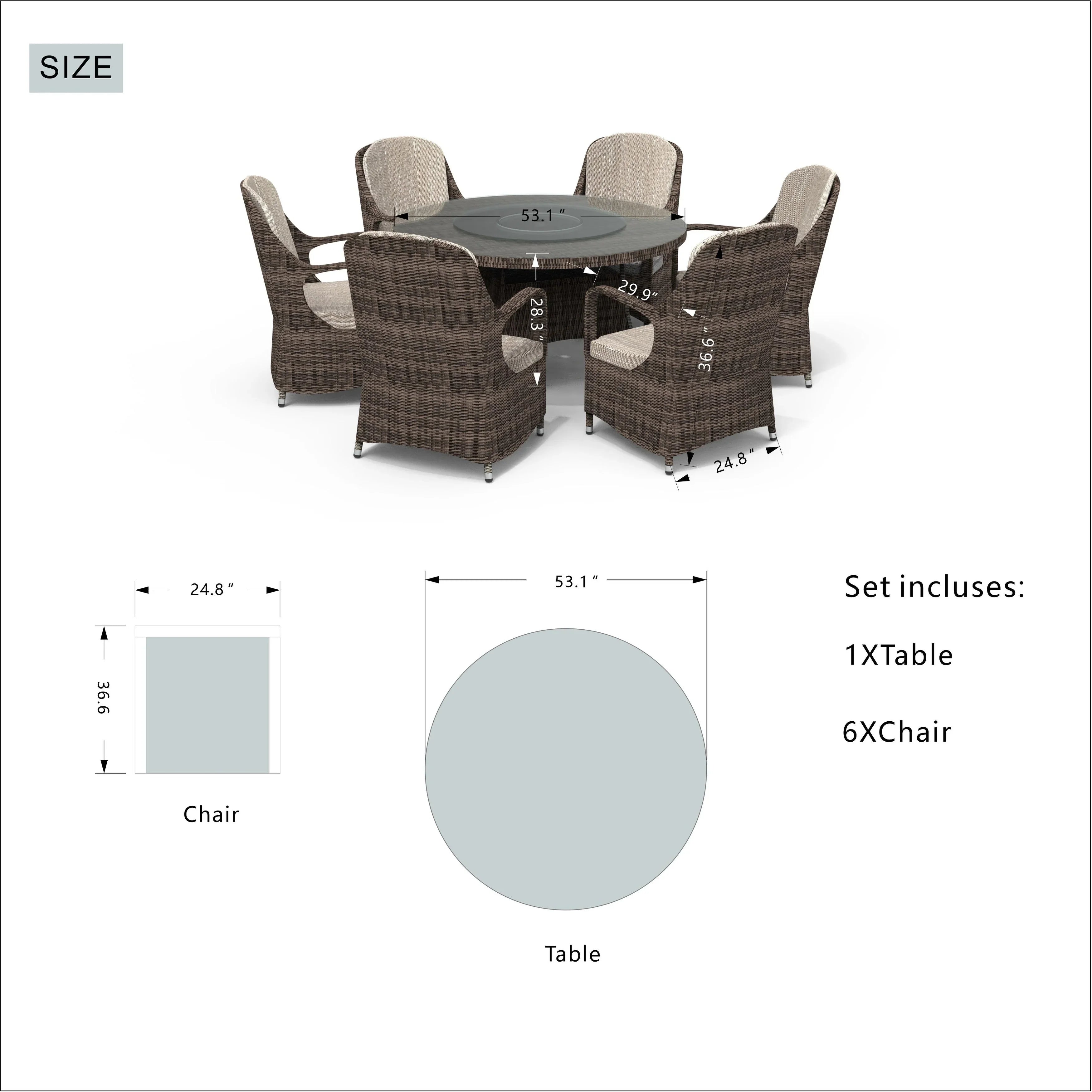 Set da pranzo rotondo da esterno in 7 pezzi in vimini di rattan con cuscini di Moda Furnishings