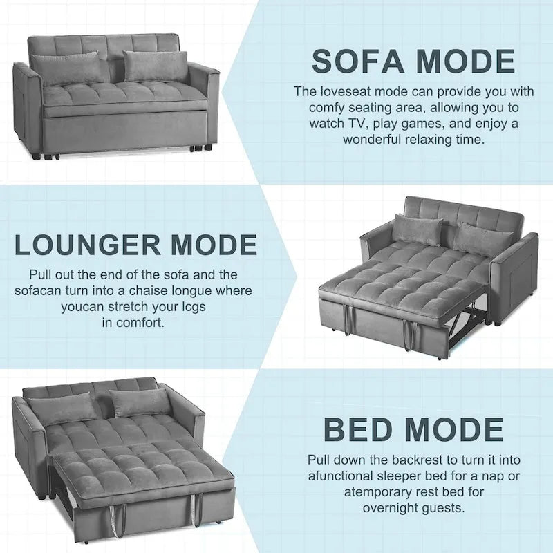 Divanetto Futon Moderno in Velluto con Schienale Reclinabile e Tasche, 2 Posti - Grigio Scuro / Grigio Chiaro / Blu / Nero
