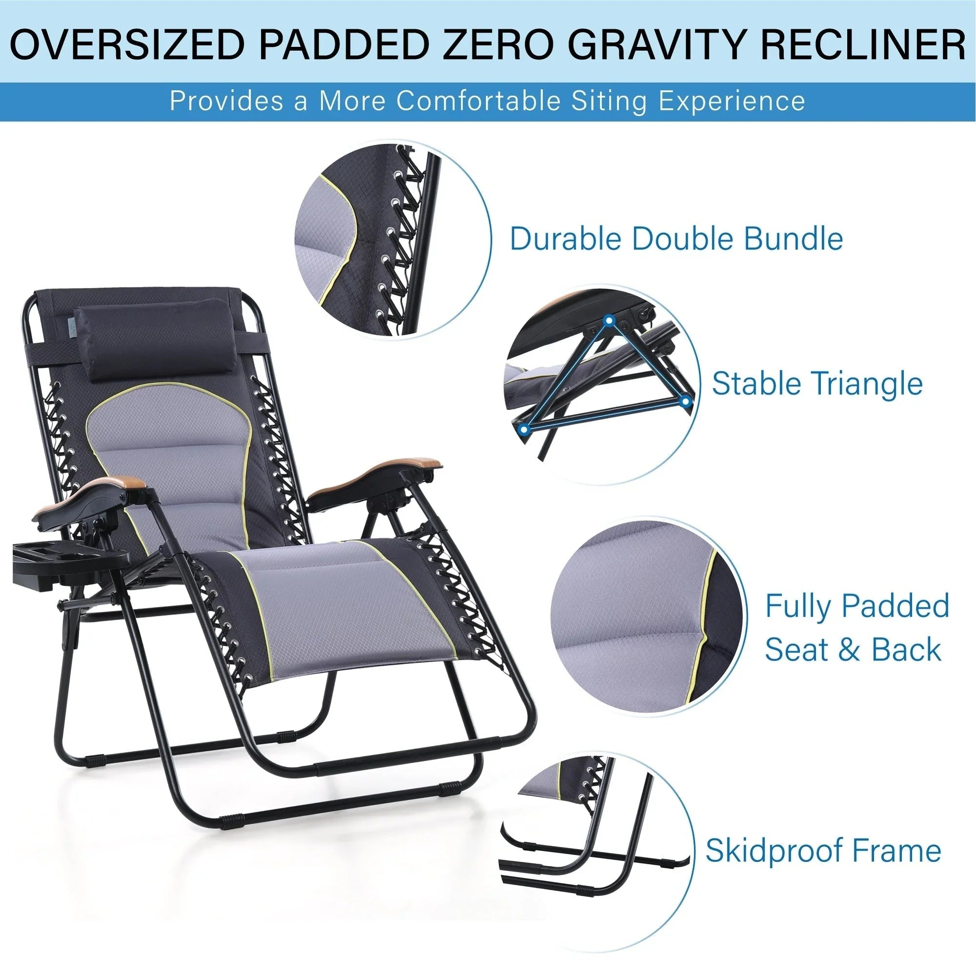Sedia a sdraio oversize XL imbottita con gravità zero, bracciolo più largo, reclinabile regolabile con portabicchieri - N/D