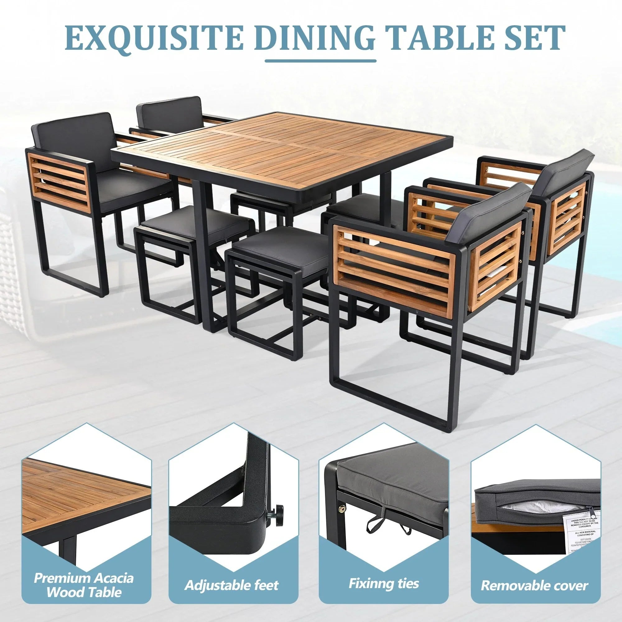 Set da pranzo da esterno in legno di acacia da 18 pezzi, 8 sedie imbottite e 8 pouf e 2 tavoli quadrati