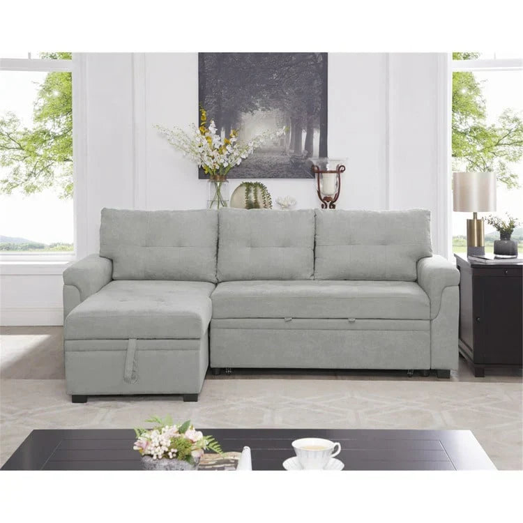 Divano componibile convertibile reversibile con letto estraibile, chaise longue con contenitore nascosto e gambe durevoli