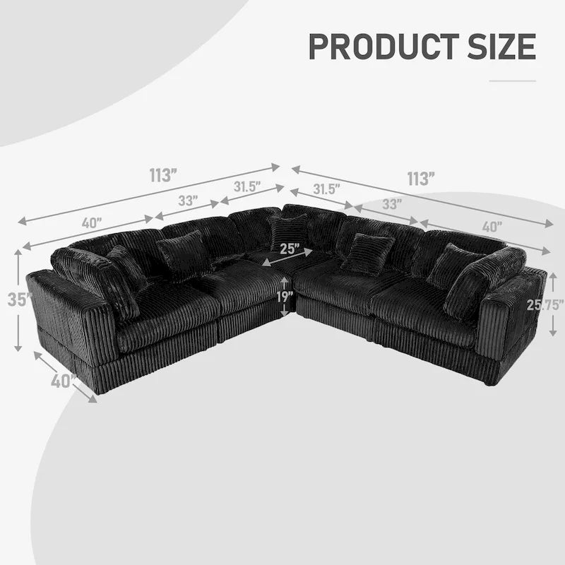 Divano Sezionale Modulare a L in Corduroy, 6 Pezzi Oversize, Combinazione Fai da Te